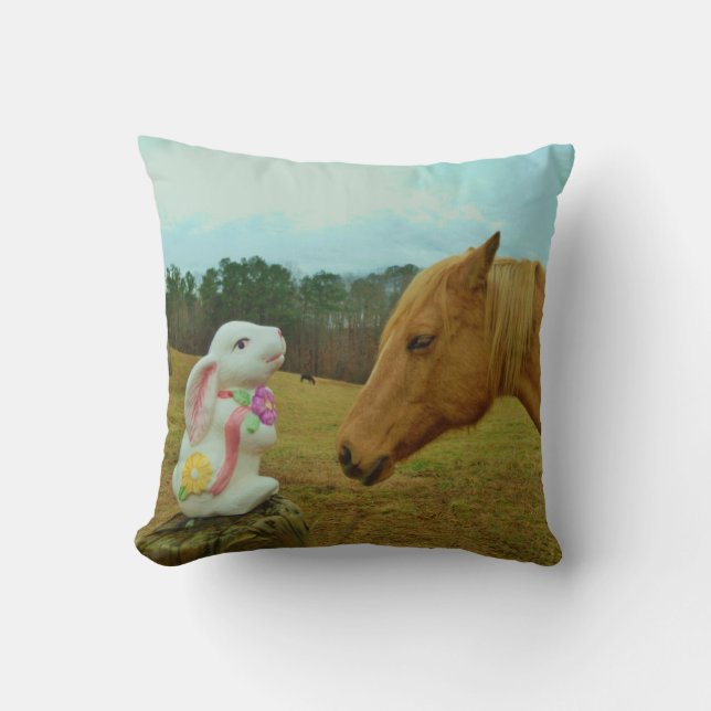 Face Blond horse & Spring flower Bunny Throw Pillow (Front)