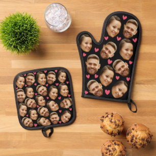Face Custom Photo With Heart Couple Black Oven Mitt & Pot Holder Set