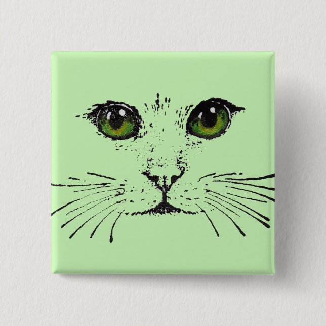 Face of a Cat Long Whiskers Bright Green Eyes Button (Front)