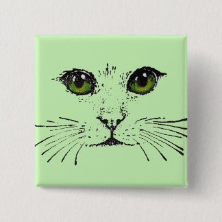 Face of a Cat Long Whiskers Bright Green Eyes Button