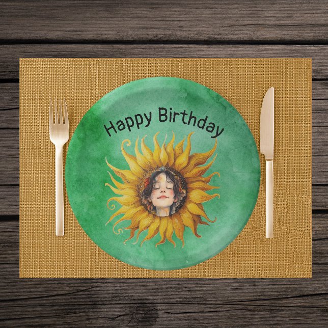 Face of Birthday Girl in Fancy Yellow Sunflower  Paper Plates (Face of smiling girl in center of fancy yellow sunflower on Happy Birthday green paper party plates.)