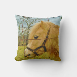 Face of Blond miniature Horse, Cloudy Blue Sky Throw Pillow