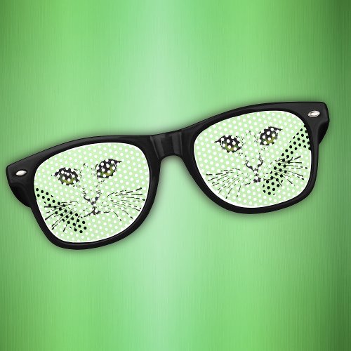 Face of Cat in black Green eyes Whiskers on Green Retro Sunglasses