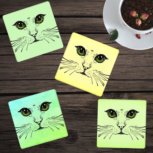 Face of Cat in Black Green Yellow Eyes Whiskers Coaster Set
