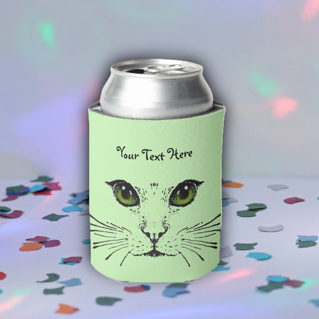 Face of Cat Intense Eyes Whiskers Light Green Can Cooler (Cat face black drawing with green eyes and whiskers on light green can cooler.)