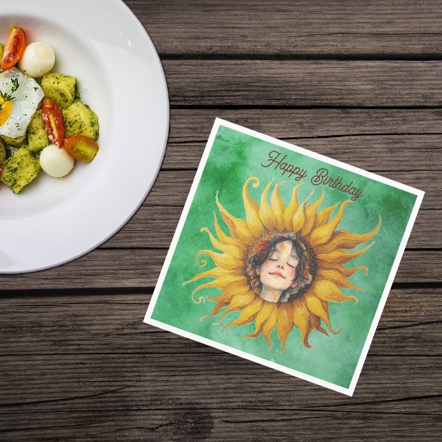 Face of Peaceful Girl Big Yellow Sunflower Green Napkins (Girls face brown hair in middle of yellow fancy sunflower on green Birthday paper party napkins.)
