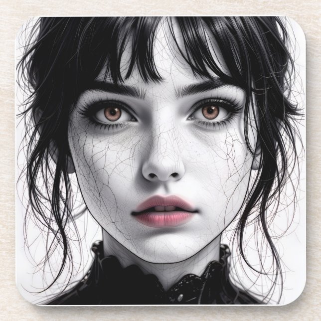 Face of porcelain gaze of a cracked soul. beverage coaster (Front)