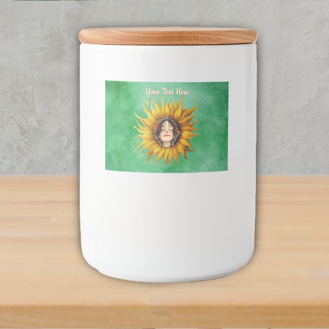 Face of Smiling Girl Brown Hair Yellow Sunflower Food Label (Smiling girls face in big yellow sunflower on shades of green food jar label.)