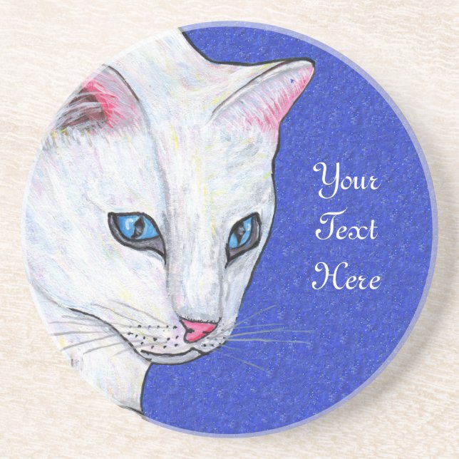 Face of White Cat Light Blue Eyes Sparkle Coaster (Front)