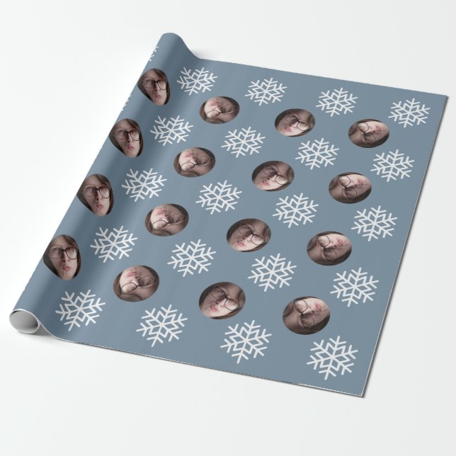 Face Photo Blue Snowflake Fun Humor Christmas Wrapping Paper (Unrolled)