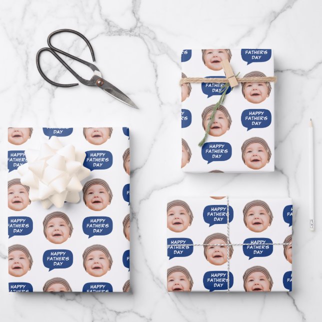 Face Photo & Word Bubble Navy Blue Wrapping Paper Sheets (Front)