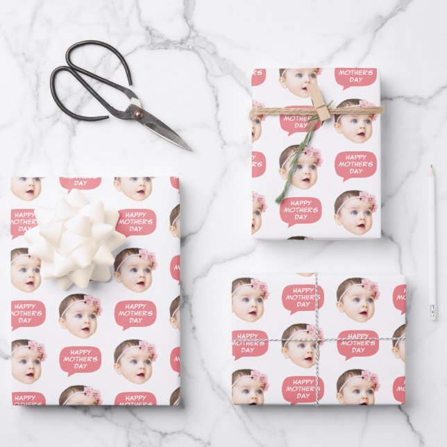 Face Photo & Word Bubble Pink Wrapping Paper Sheets (Front)