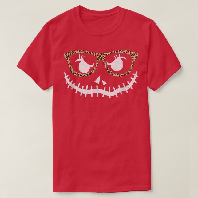 Face Pumpkin Hallowen Leopard Print Glasses  T-Shirt (Design Front)