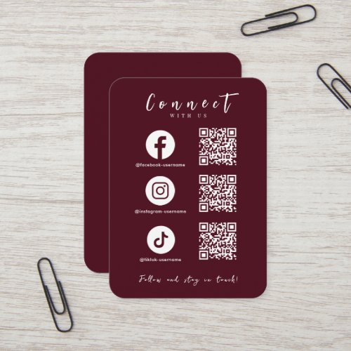 Facebook Instagram Tiktok QR Code Burgundy Business Card