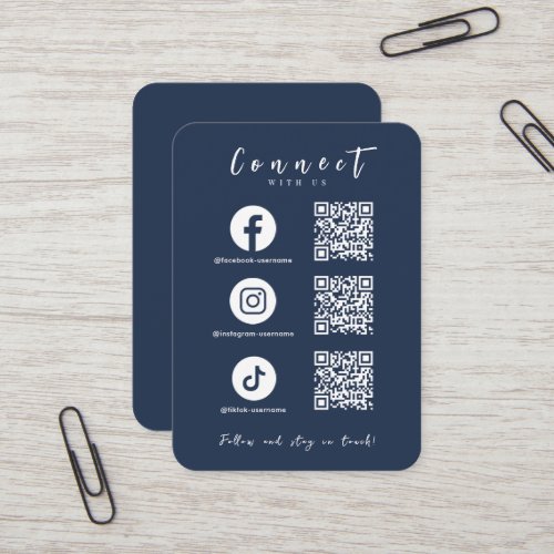 Facebook Instagram Tiktok QR Code Navy Blue Business Card