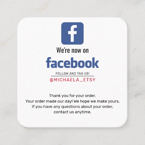 Facebook purchase note thank you promotional square business card
