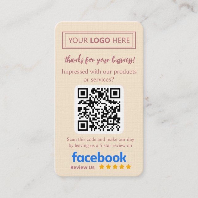 Facebook Review Card with Logo & QR Code Rose Gold (Front)