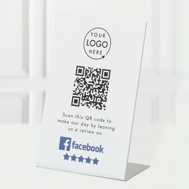 Facebook Reviews Tabletop Sign | QR Code Pedestal (Gain Facebook reviews & grow your business with this rating request editable tabletop sign.)