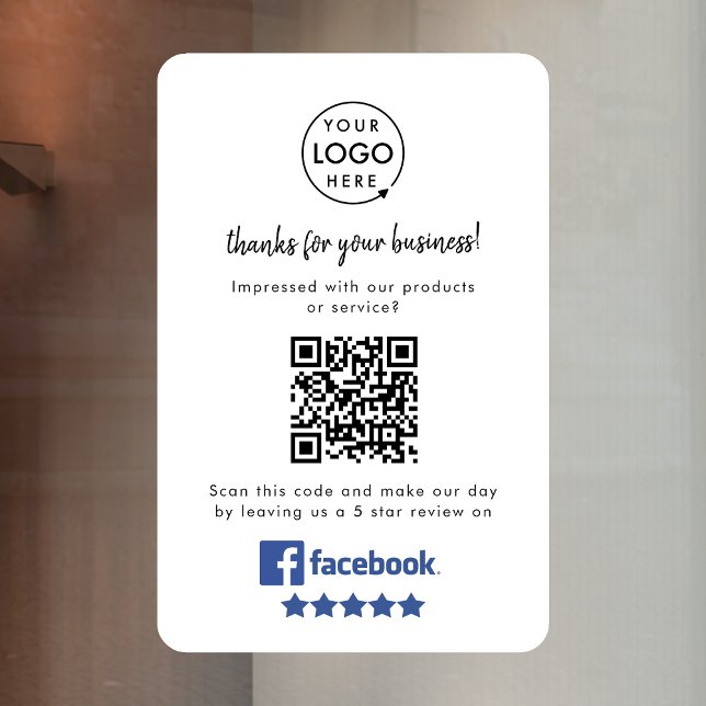 Facebook Reviews Window Cling | QR Vinyl Decal (Gain Facebook reviews & grow your business with this rating request editable window cling sign.)