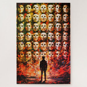 Faceless Figure Masked Crowd Impasto Surreal Oil Jigsaw Puzzle