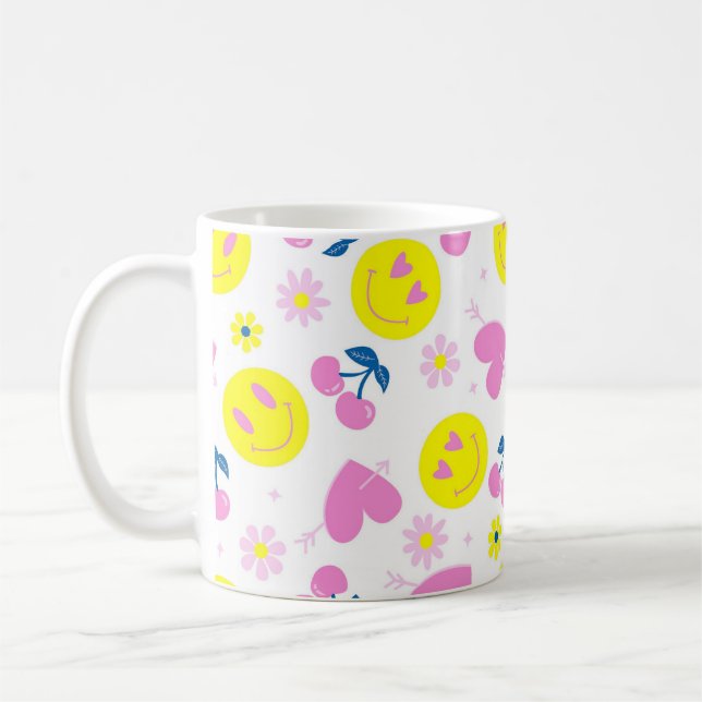 Faces, hearts and cherry design Mug (Left)