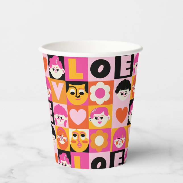 Faces Illustration Modern Nostalgia Pink Orange Paper Cups (Front)