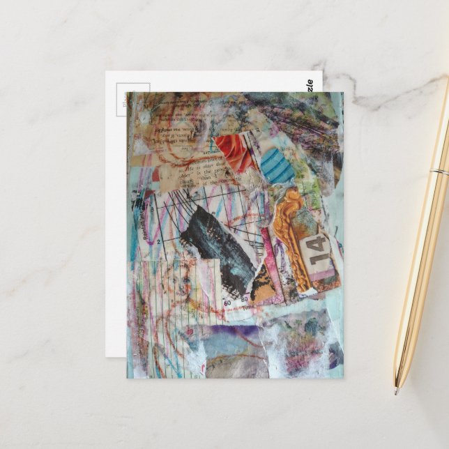 faces numbers words abstract mixed media collage postcard (Front/Back In Situ)