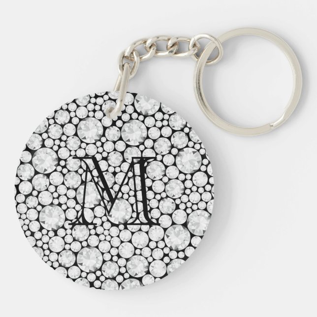 Faceted Diamond Gems white grey black monogram Keychain (Back)