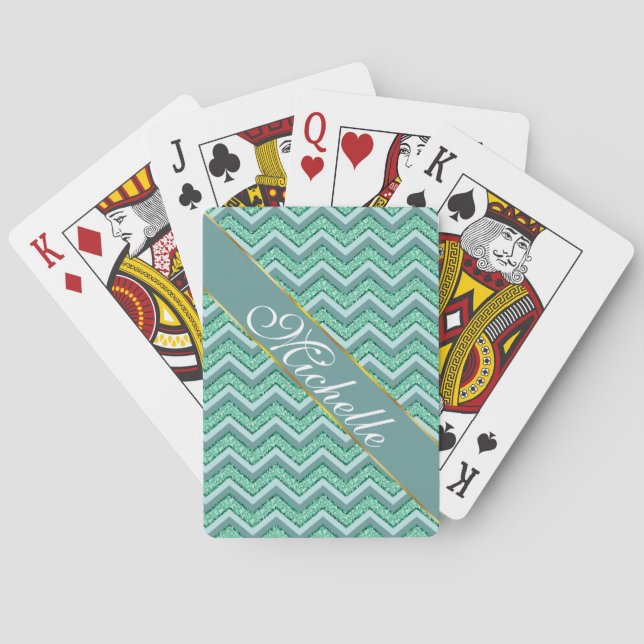 Faceted Emerald Chevron Pattern Poker Cards (Back)