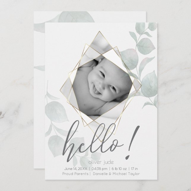 Faceted Photo Frame Eucalyptus Leaves Alabaster Invitation (Front/Back)