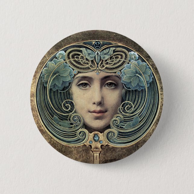 Fächer auf goldenem Grund by Louis Welden Hawkins Pinback Button (Front)