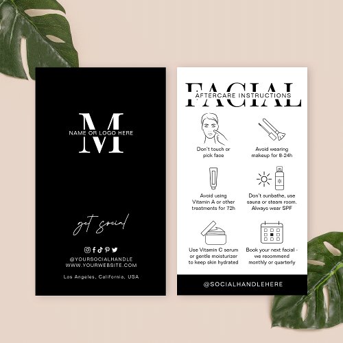 Facial Aftercare Instructions Minimal Aesthetician Business Card