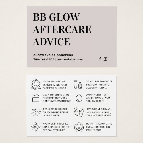 Facial BB GLOW Aftercare Instruction Card