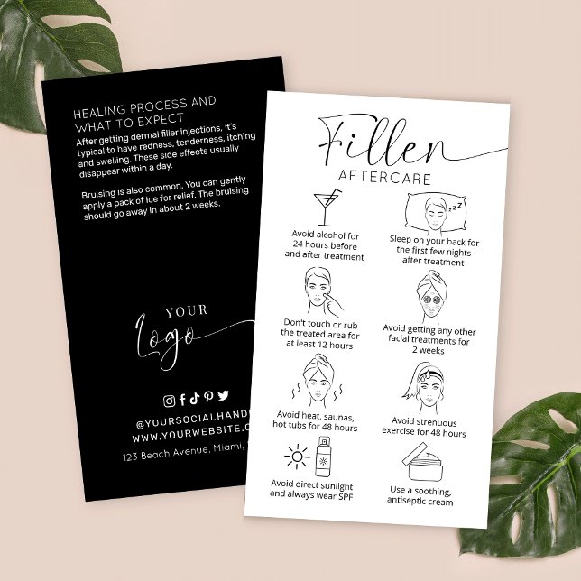 Facial Filler Minimal Elegant Logo Aftercare Guide Business Card (Facial filler after care instructions cards in modern black and white design with care icons)