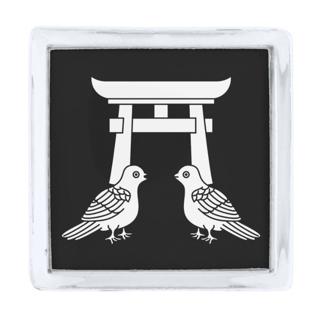 Facing doves and Torii Silver Finish Lapel Pin (Front)