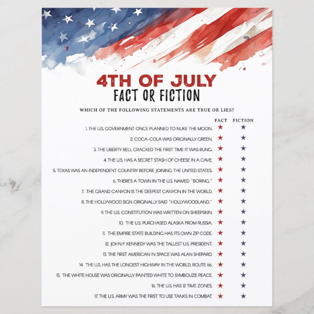 Fact or Fiction 4th of July Party Game (Front)