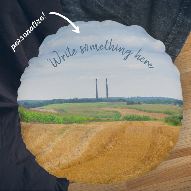 Factory chimneys with yellow field   round pillow (Creator Uploaded)