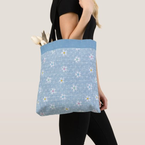 Fade light blue denim look floral tote bag