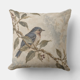 Faded Bird Vintage Blue Botanical Bird Throw Pillow