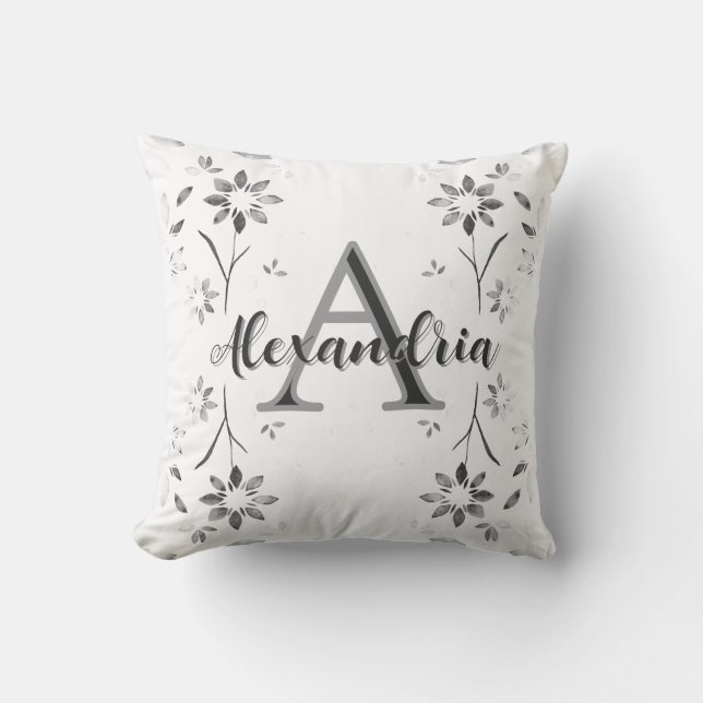 Faded Black and White Floral Personalized Monogram Throw Pillow (Front)