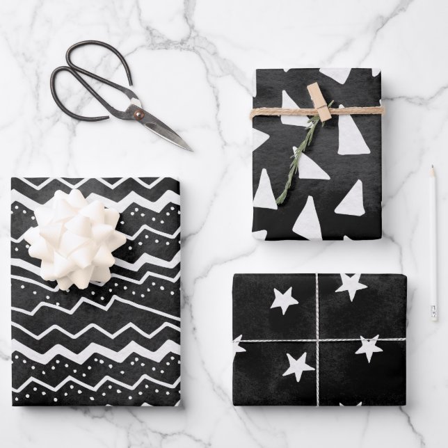Faded Black White Doodle Stars Wrapping Paper Sheets (Front)