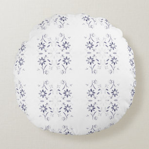 Faded Blue and White Floral Pattern Round Pillow