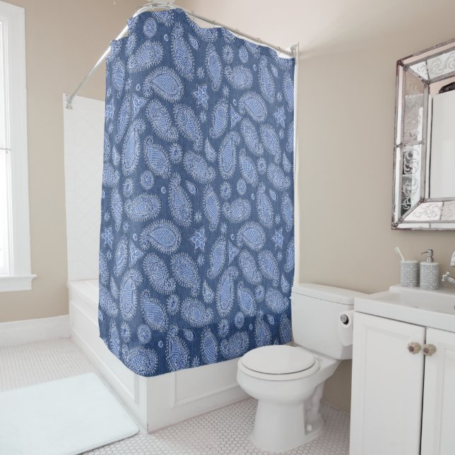 Faded Blue Denim Paisley Shower Curtain (In Situ)