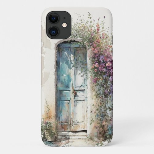Faded blue doors wildflowers dreamy watercolor iPhone 11 case