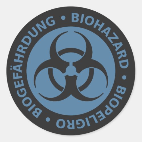 Faded Blue Trilingual Biohazard Warning Classic Round Sticker