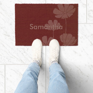 Faded Cosmos Silhouette Flowers on Autumn Burgundy Fiber Doormat