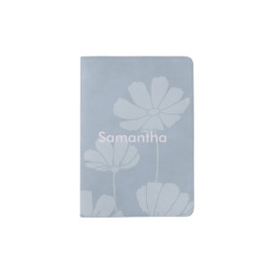 Faded Cosmos Silhouette Flowers on Mottled Blue Passport Holder