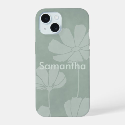 Faded Cosmos Silhouette Flowers on Sage Green iPhone 15 Case