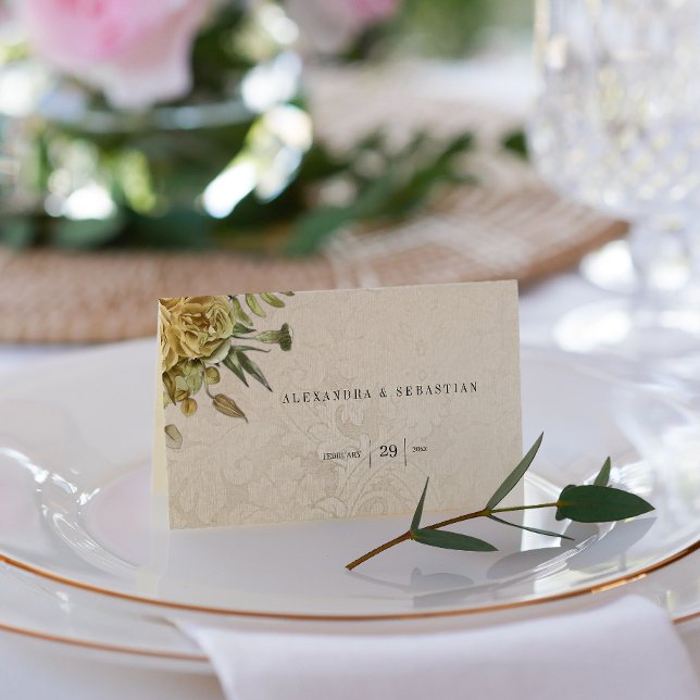 Faded Damask Wallpaper and Gold Rose Shabby Chic  Place Card (Creator Uploaded)
