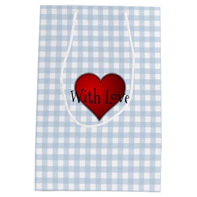 Faded Denim Blue Gingham Red heart With Love Medium Gift Bag (Back)